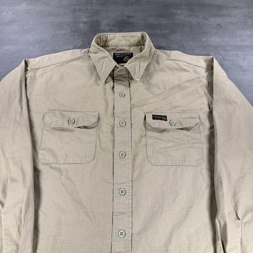Vintage Rattlers Brand Shirt Men Tan Long Sleeve Button Up Work Utility USA Made